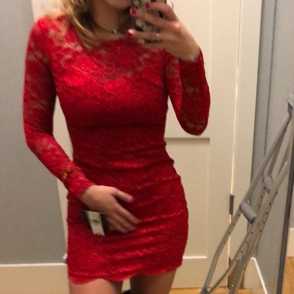 tight red lace dress